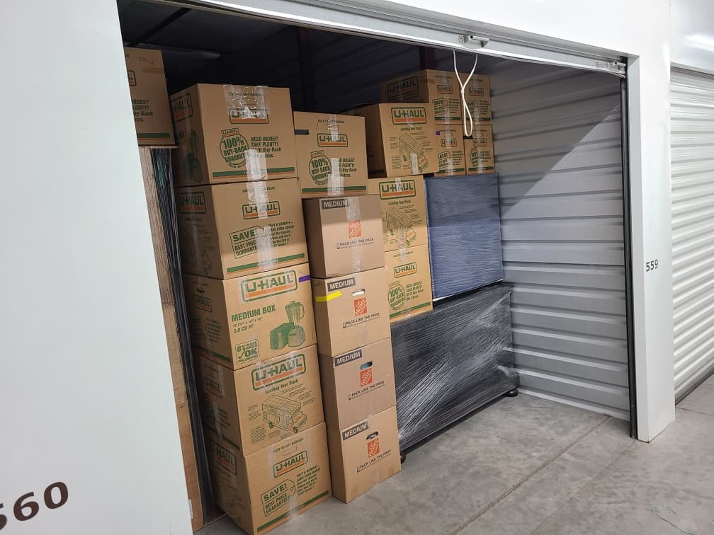 A storage container full of boxes